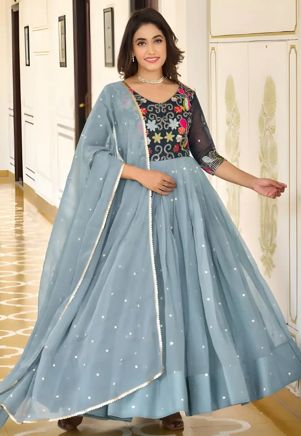 Sky Blue Shimmer Readymade Anarkali Suit 294298