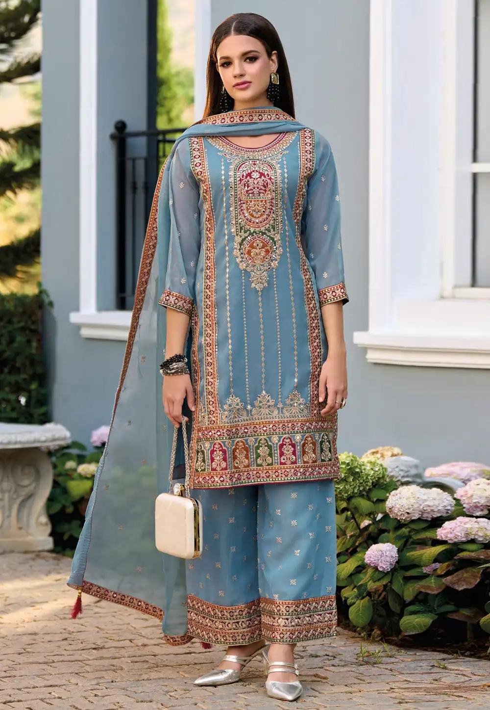 Sky Blue Shimmer Readymade Palazzo Suit 292167