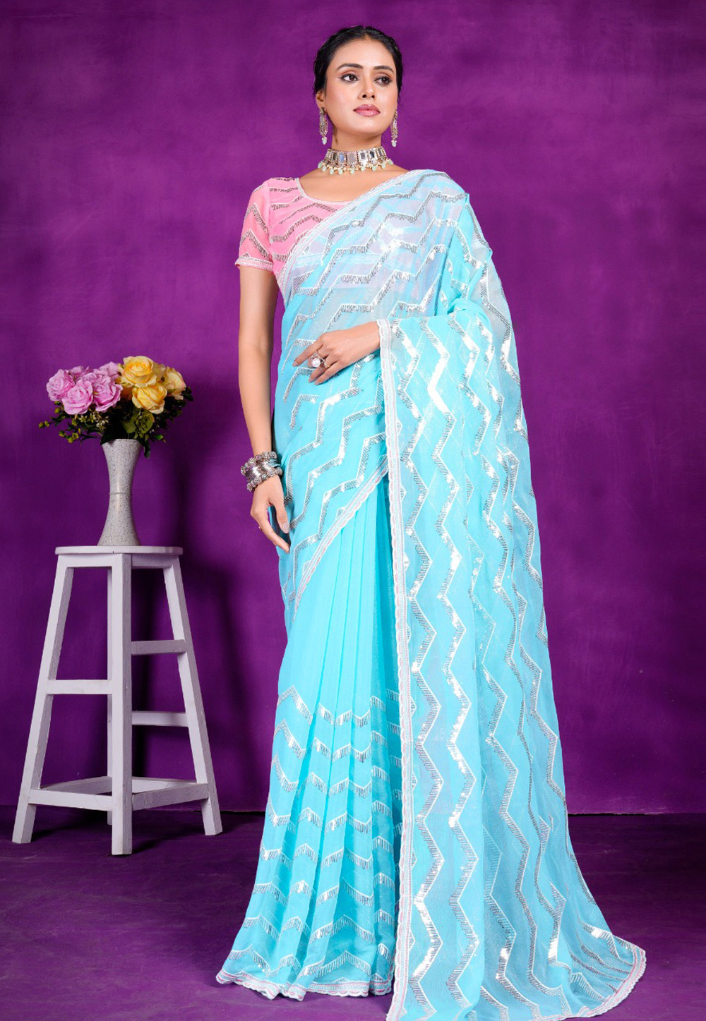 Sky Blue Shimmer Saree With Blouse 285491