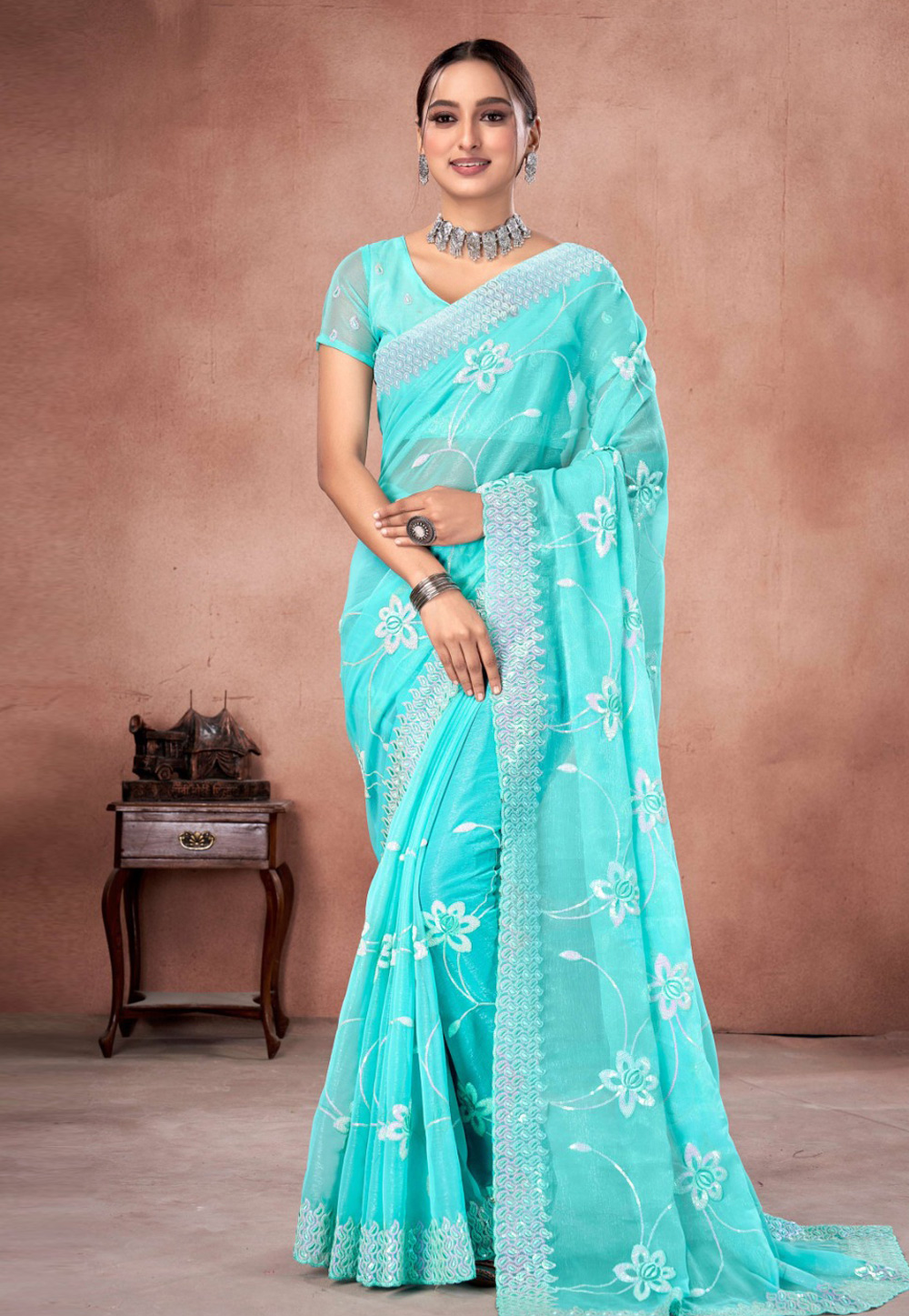 Sky Blue Shimmer Saree With Blouse 285949