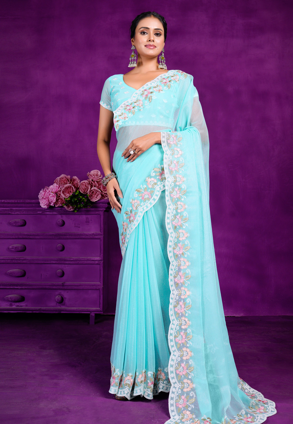 Sky Blue Shimmer Saree With Blouse 285812