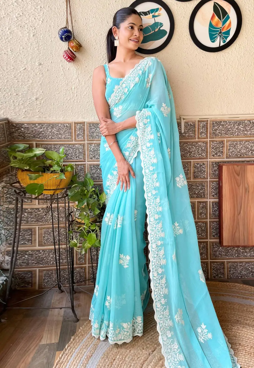 Sky Blue Shimmer Saree With Blouse 295861