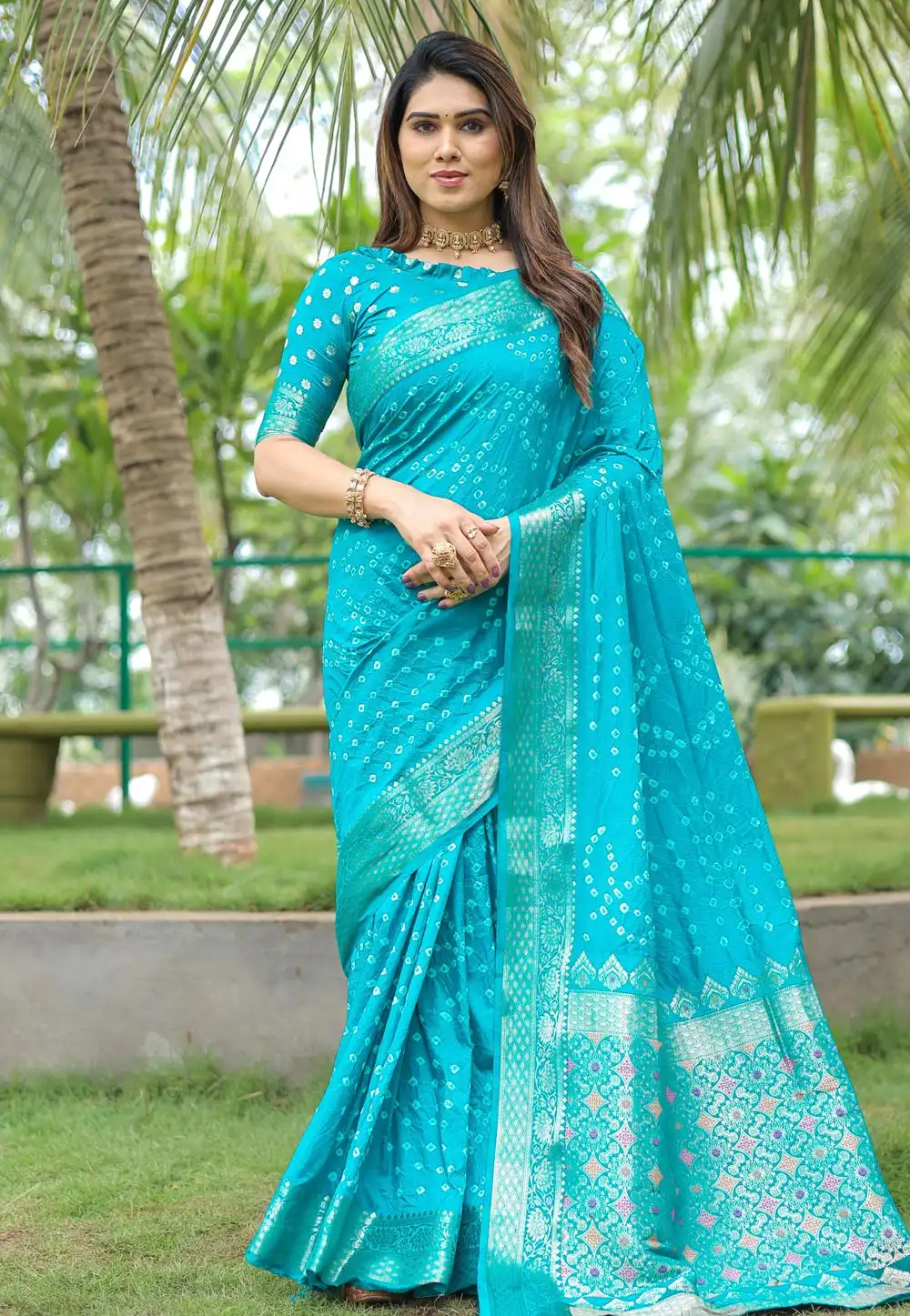 Sky Blue Silk Bandhani Print Saree 289707