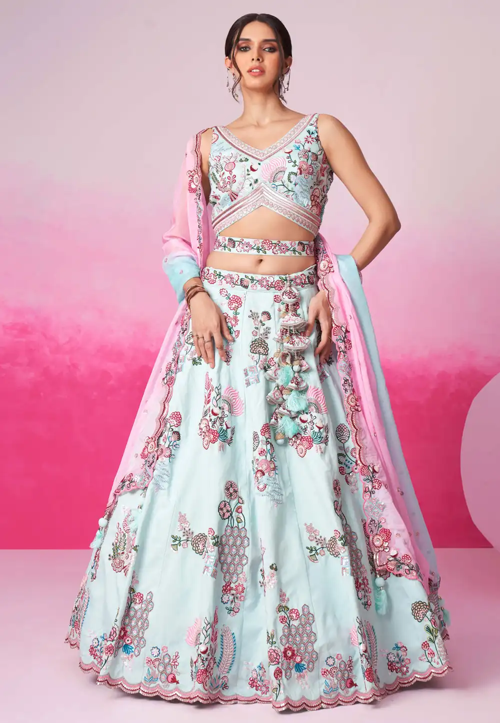 Sky Blue Silk Circular Lehenga Choli 293194