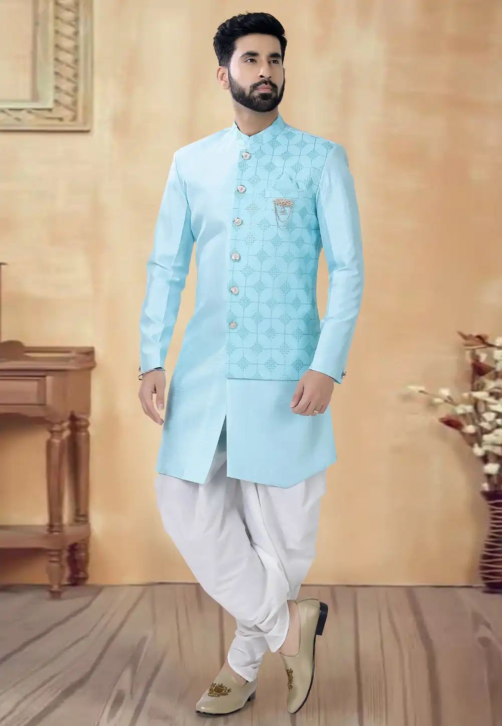 Sky Blue Silk Dhoti Sherwani 292391