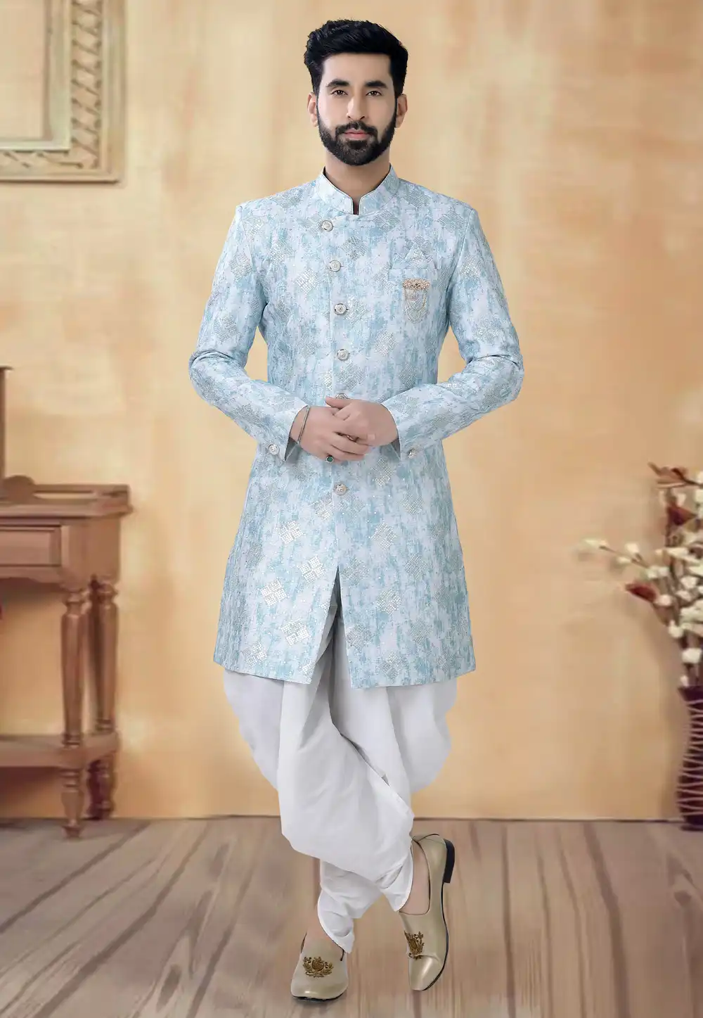 Sky Blue Silk Dhoti Sherwani 292394