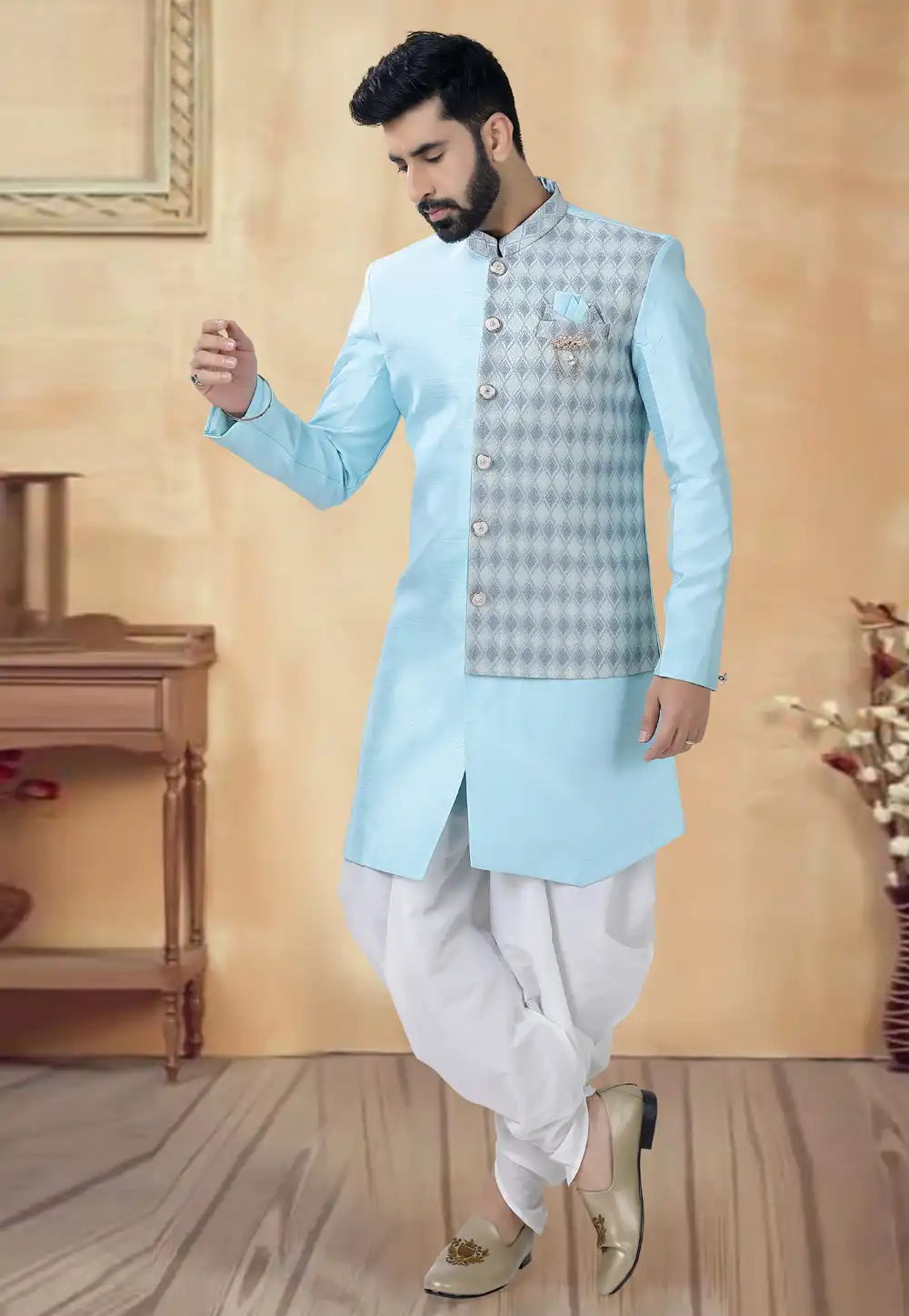 Sky Blue Silk Dhoti Sherwani 292397