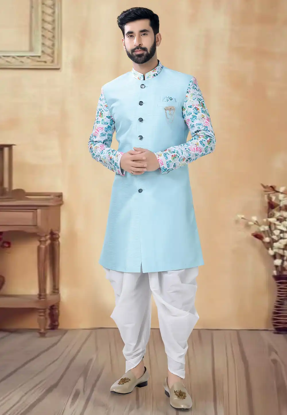 Sky Blue Silk Dhoti Sherwani 292403