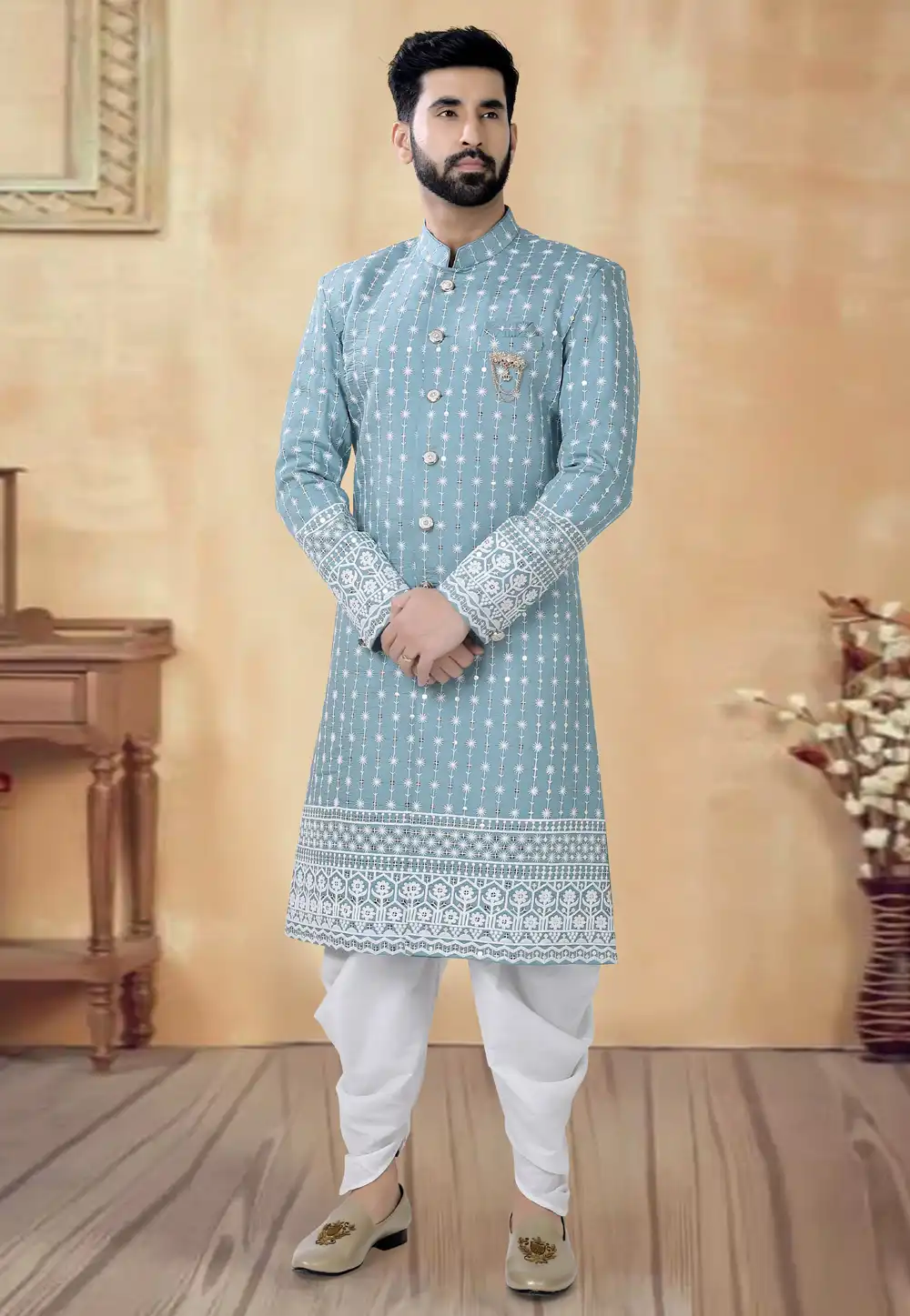 Sky Blue Silk Dhoti Sherwani 292408