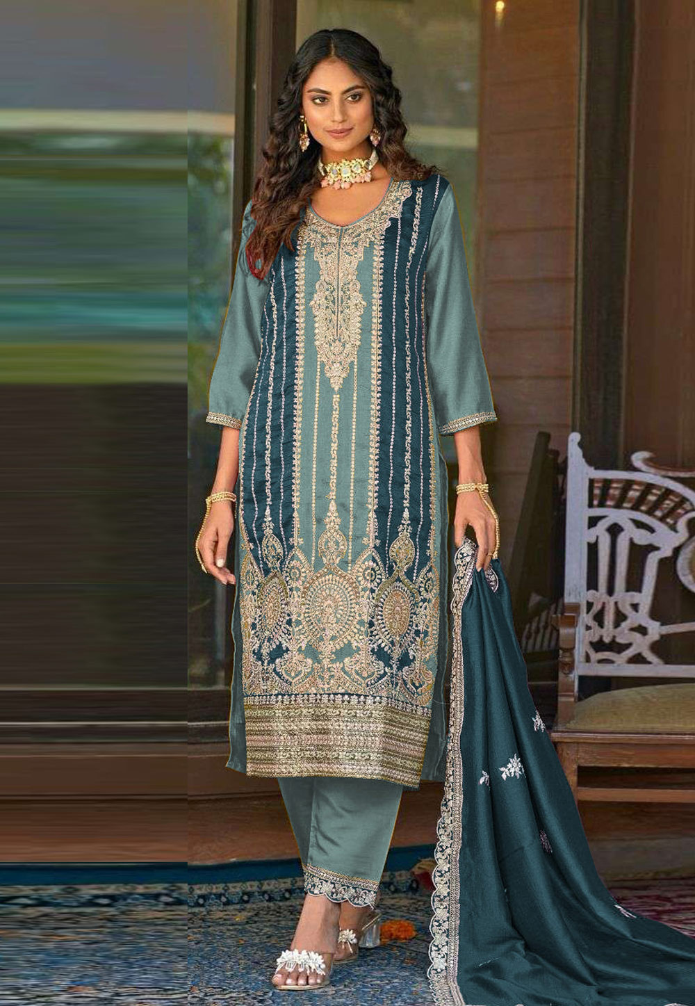 Sky Blue Silk Embroidered Pakistani Suit 286632