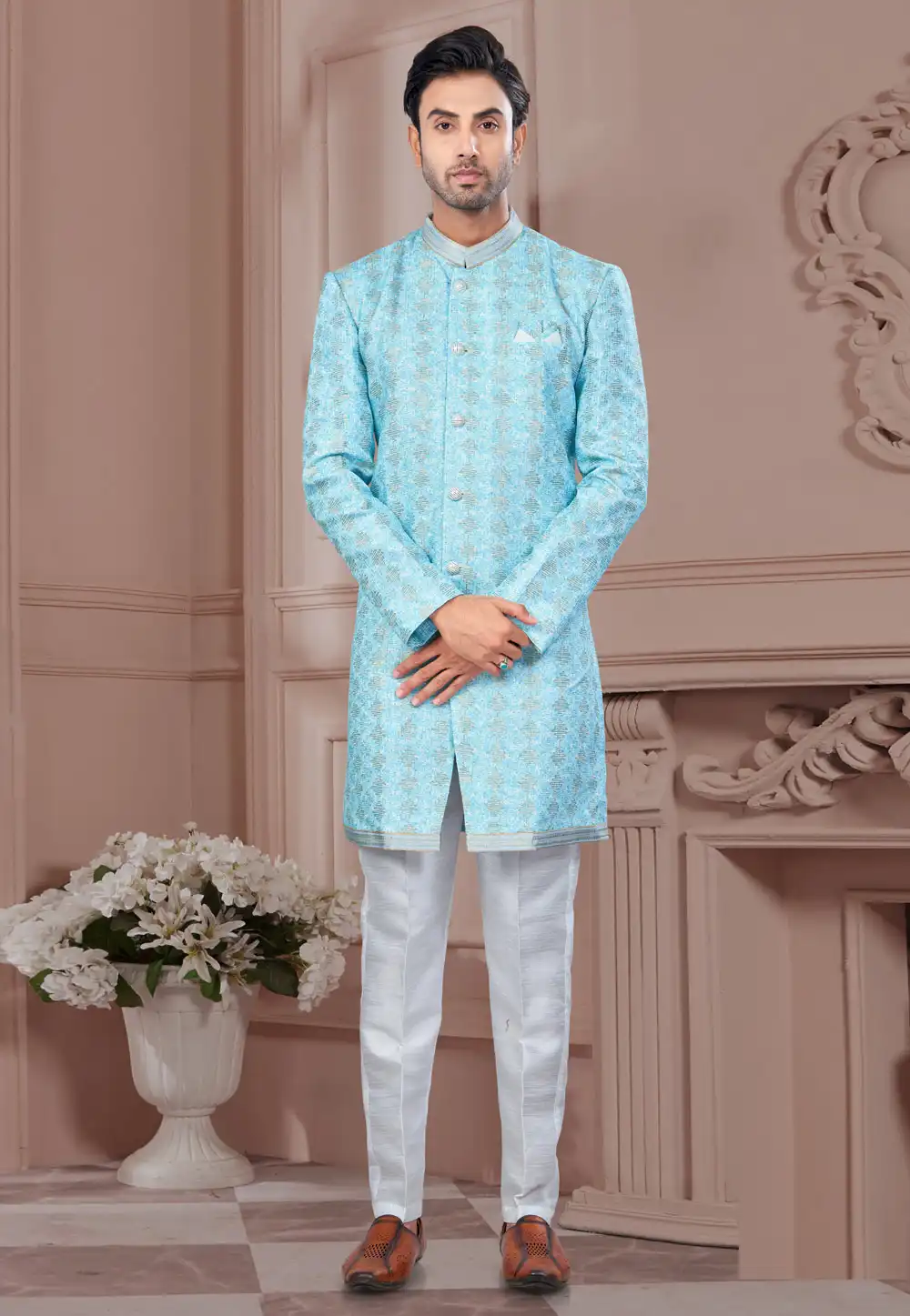 Sky Blue Silk Indo Western Suit 294531