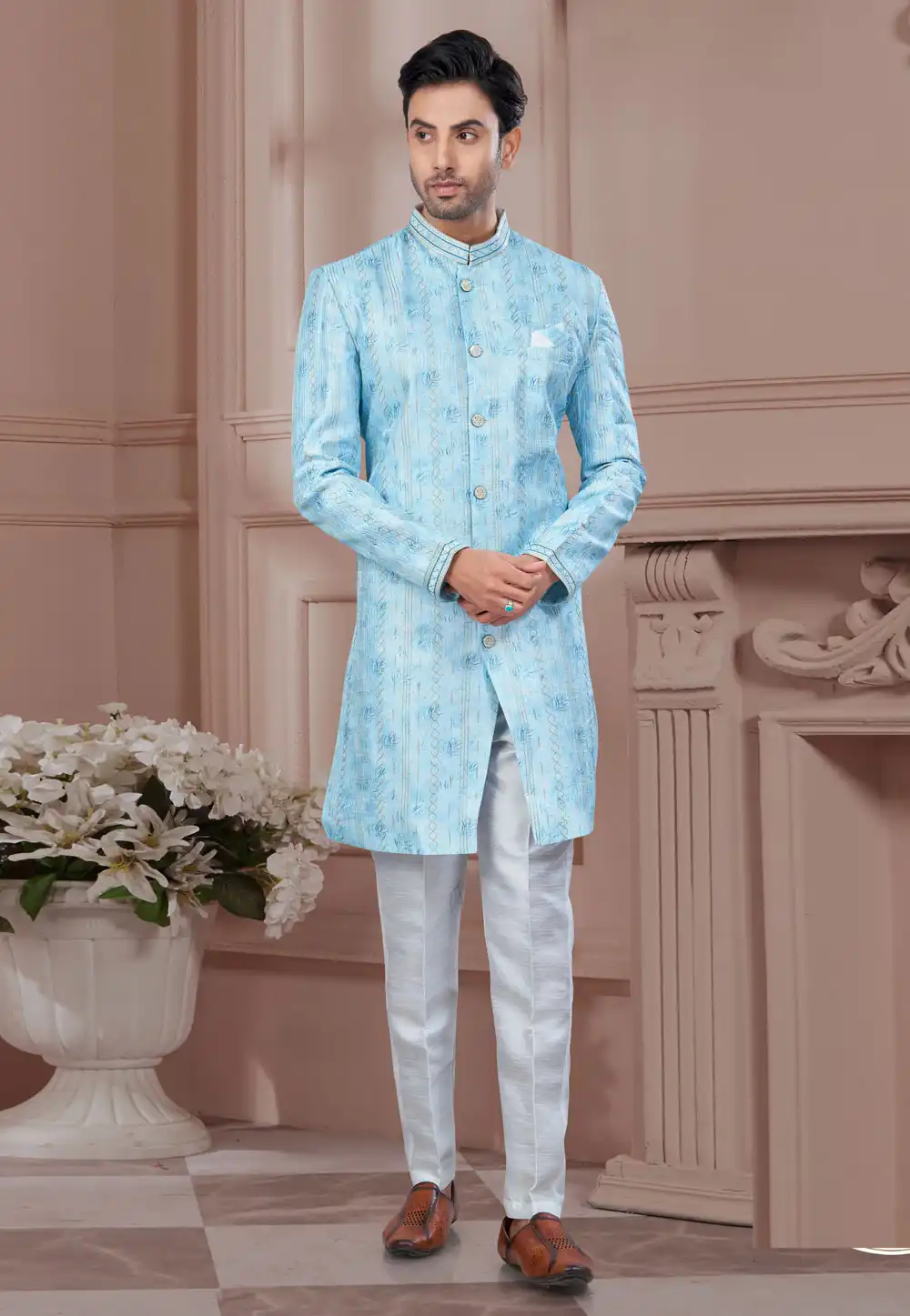 Sky Blue Silk Indo Western Suit 294533