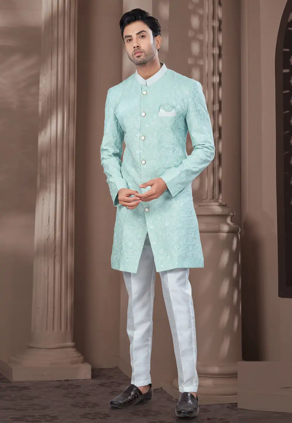 Sky Blue Silk Indo Western Suit 294569