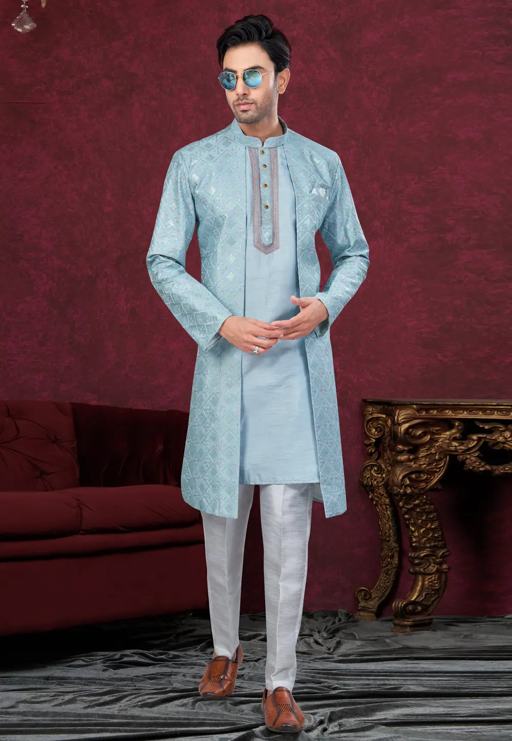 Sky Blue Silk Indo Western Suit 295590