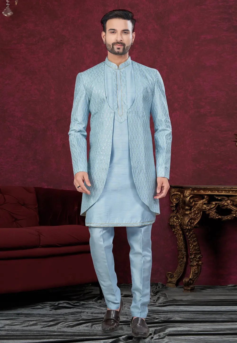 Sky Blue Silk Indo Western Suit 295593