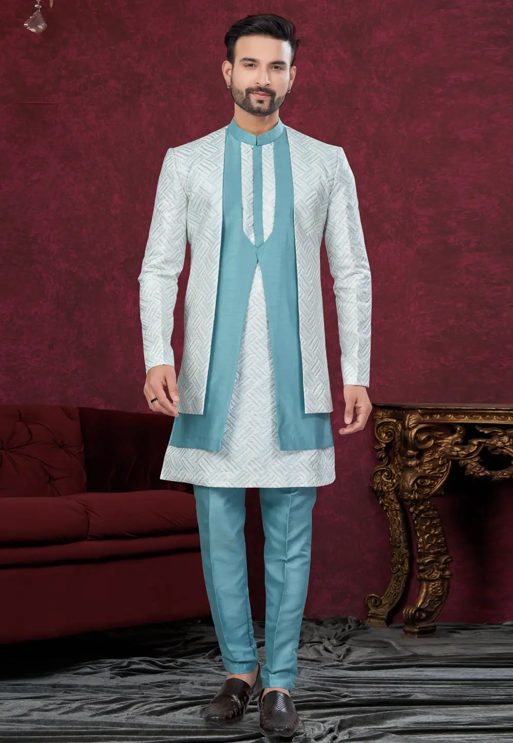 Sky Blue Silk Indo Western Suit 295624