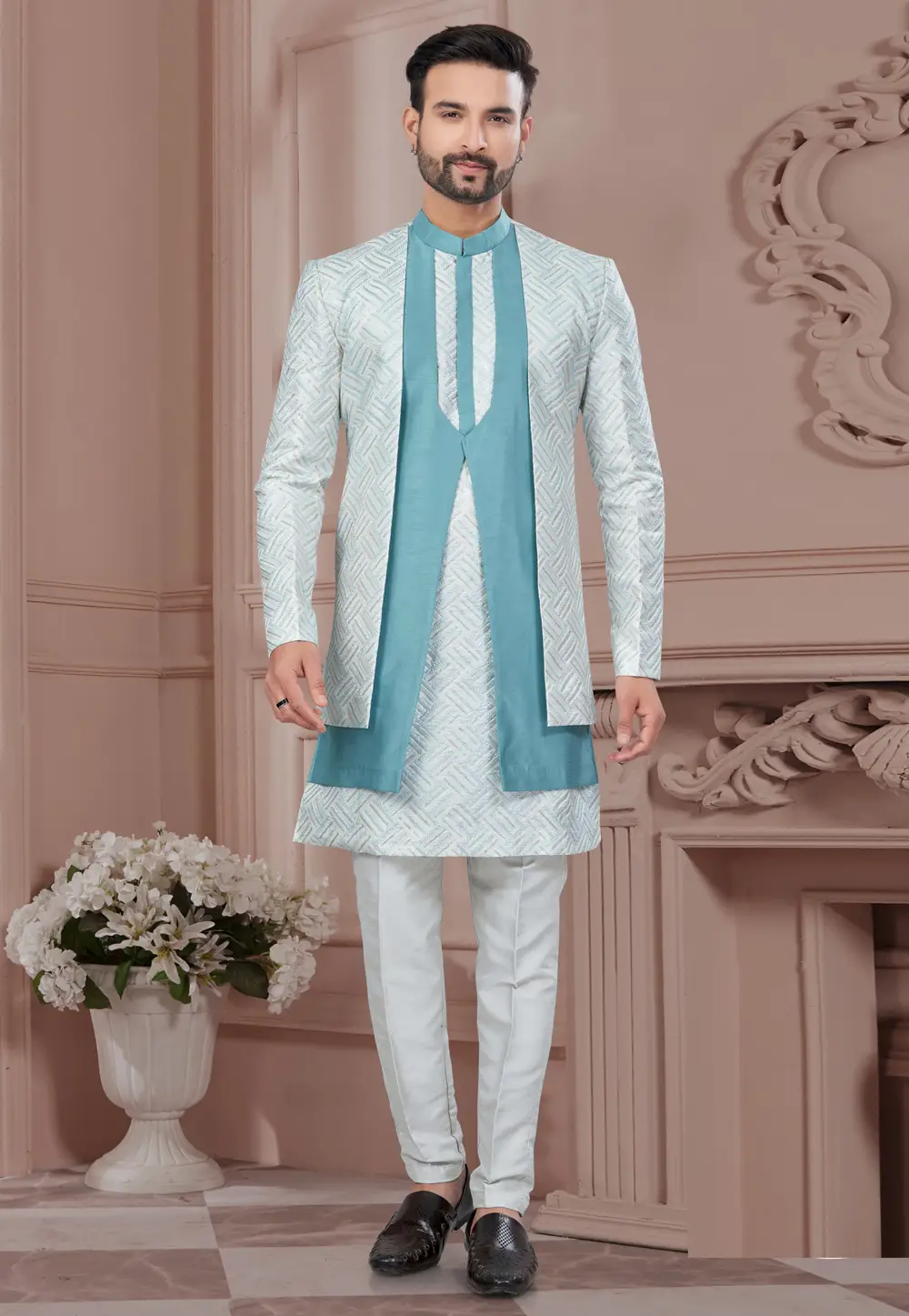 Sky Blue Silk Indo Western Suit 295647