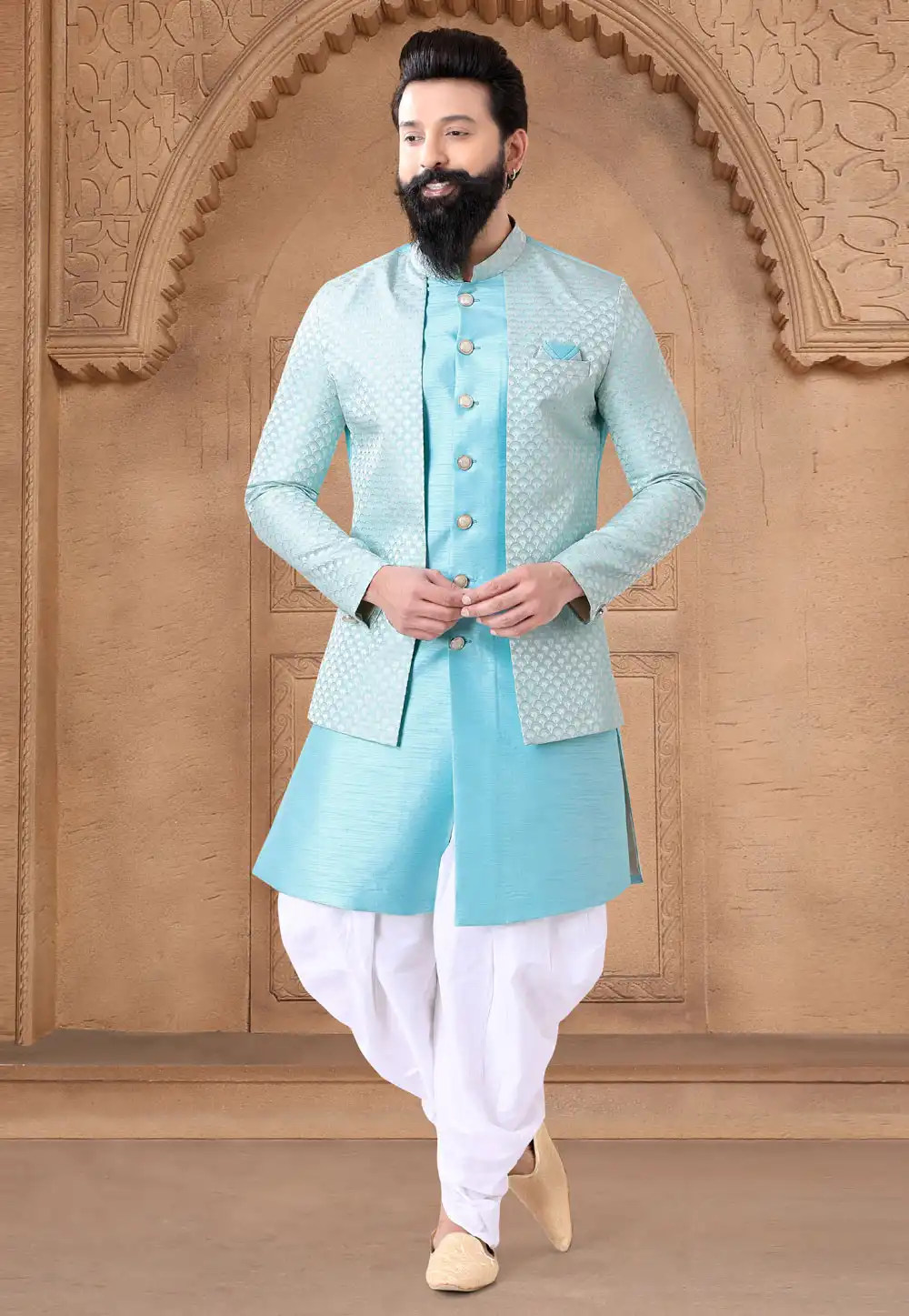 Sky Blue Silk Indo Western Suit 287906