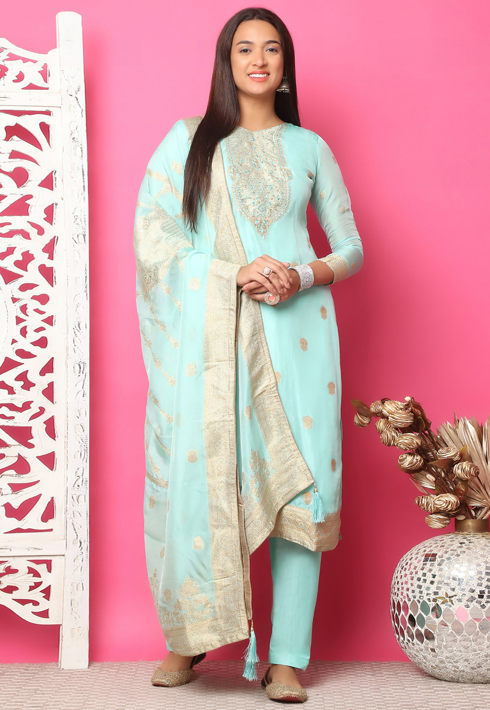 Sky Blue Silk Jacquard Pant Style Suit 310129