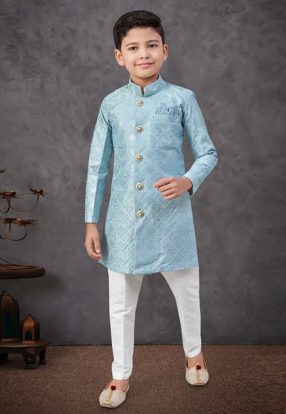 Sky Blue Silk Kids Indo Western Sherwani 301336