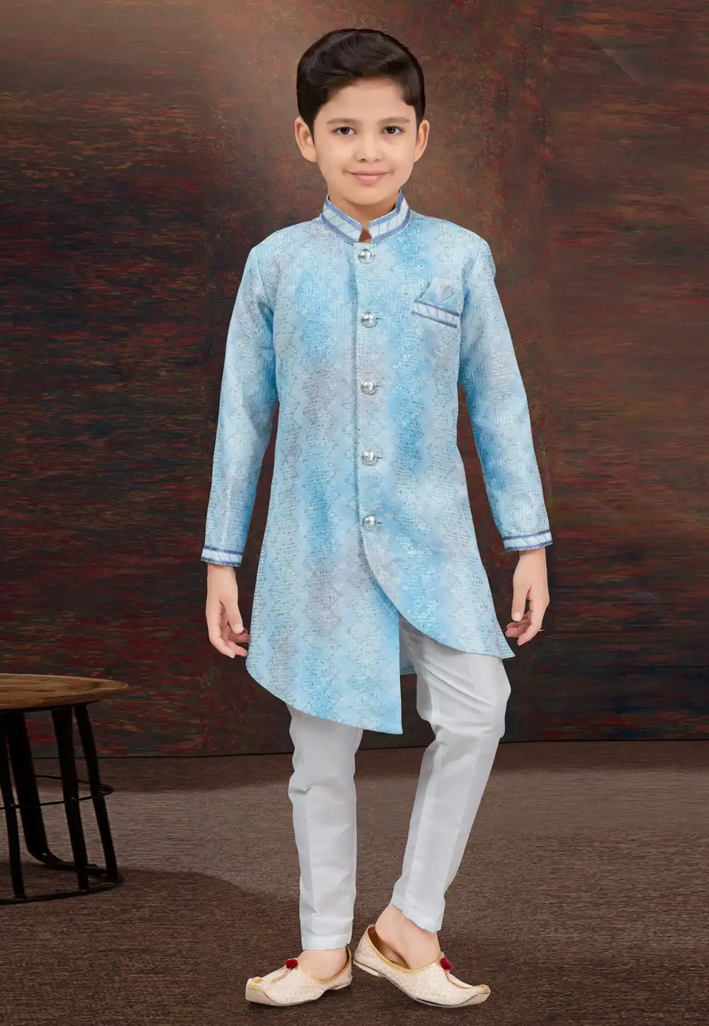 Sky Blue Silk Kids Indo Western Sherwani 294918