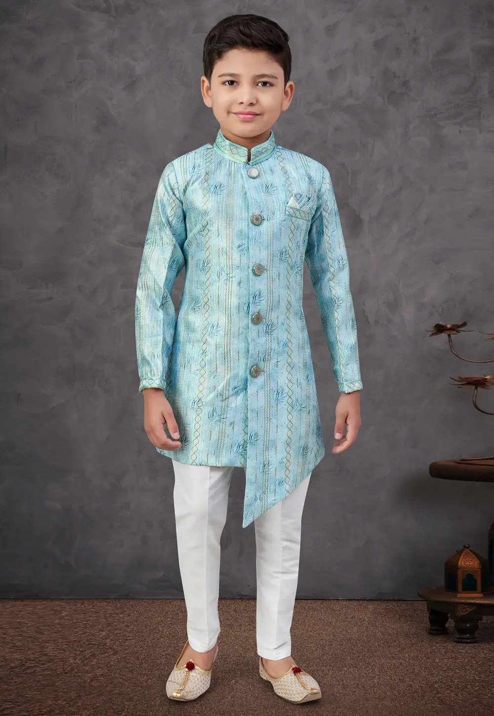 Sky Blue Silk Kids Indo Western Sherwani 303772