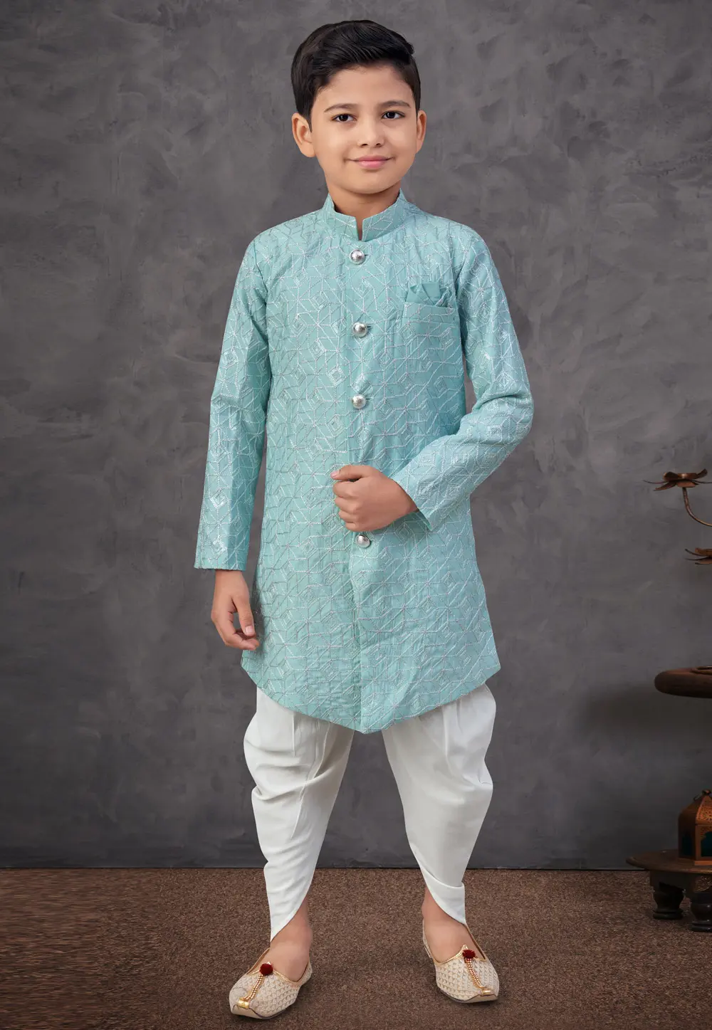 Sky Blue Silk Kids Indo Western Sherwani 303795