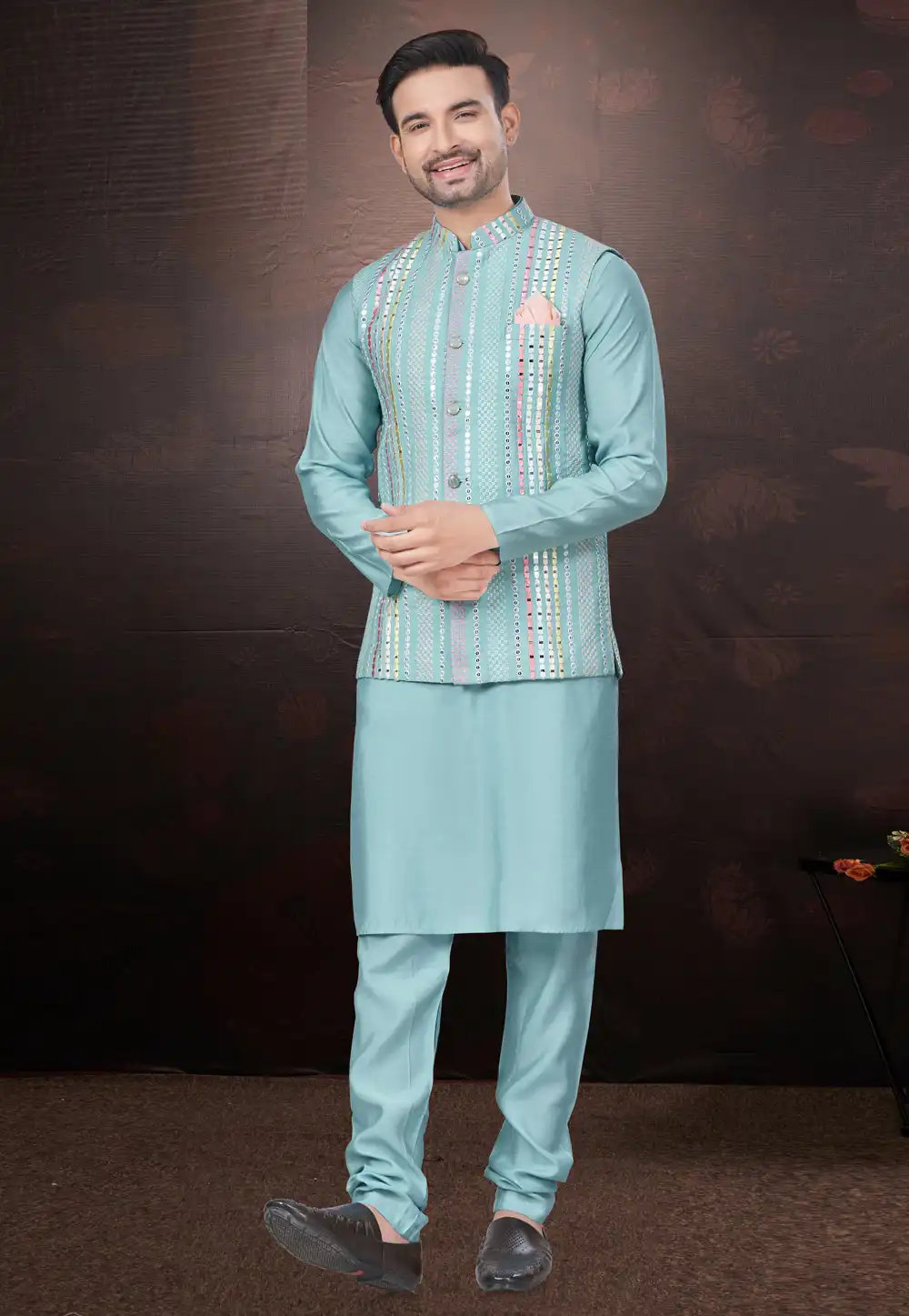 Sky Blue Silk Kurta Pajama With Jacket 291311