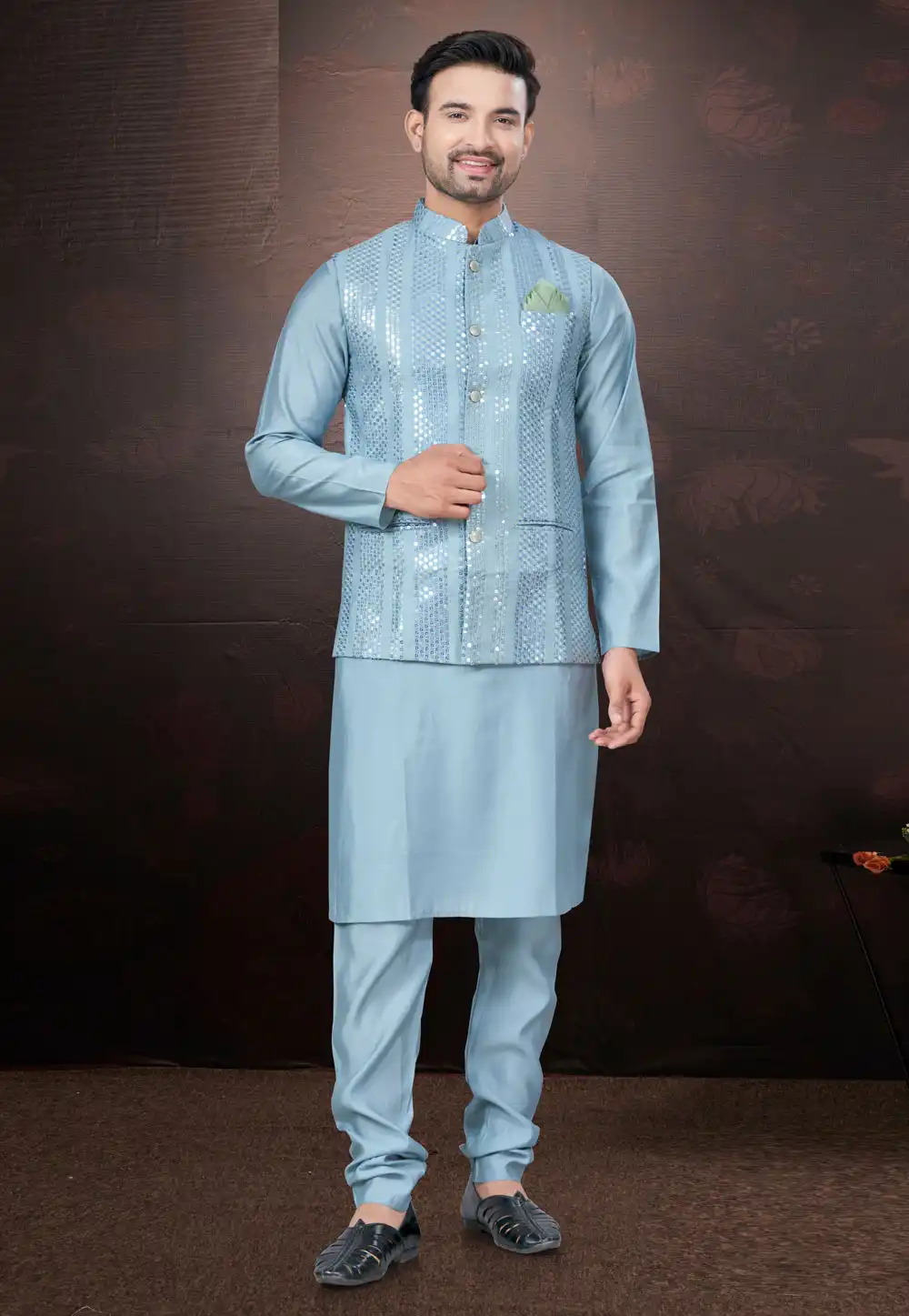 Sky Blue Silk Kurta Pajama With Jacket 291315