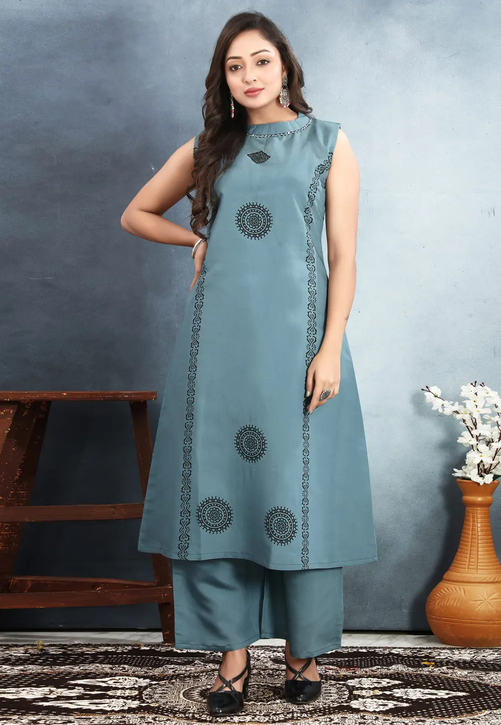 Sky Blue Silk Kurta Set With Palazzo 301072