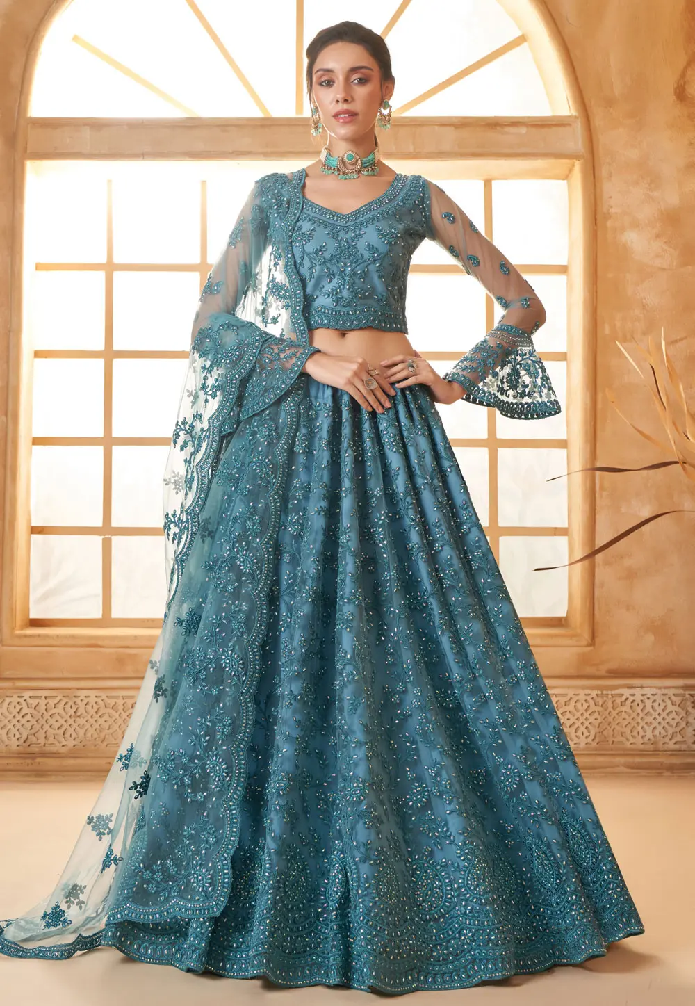 Sky Blue Silk Net Circular Lehenga Choli 297592