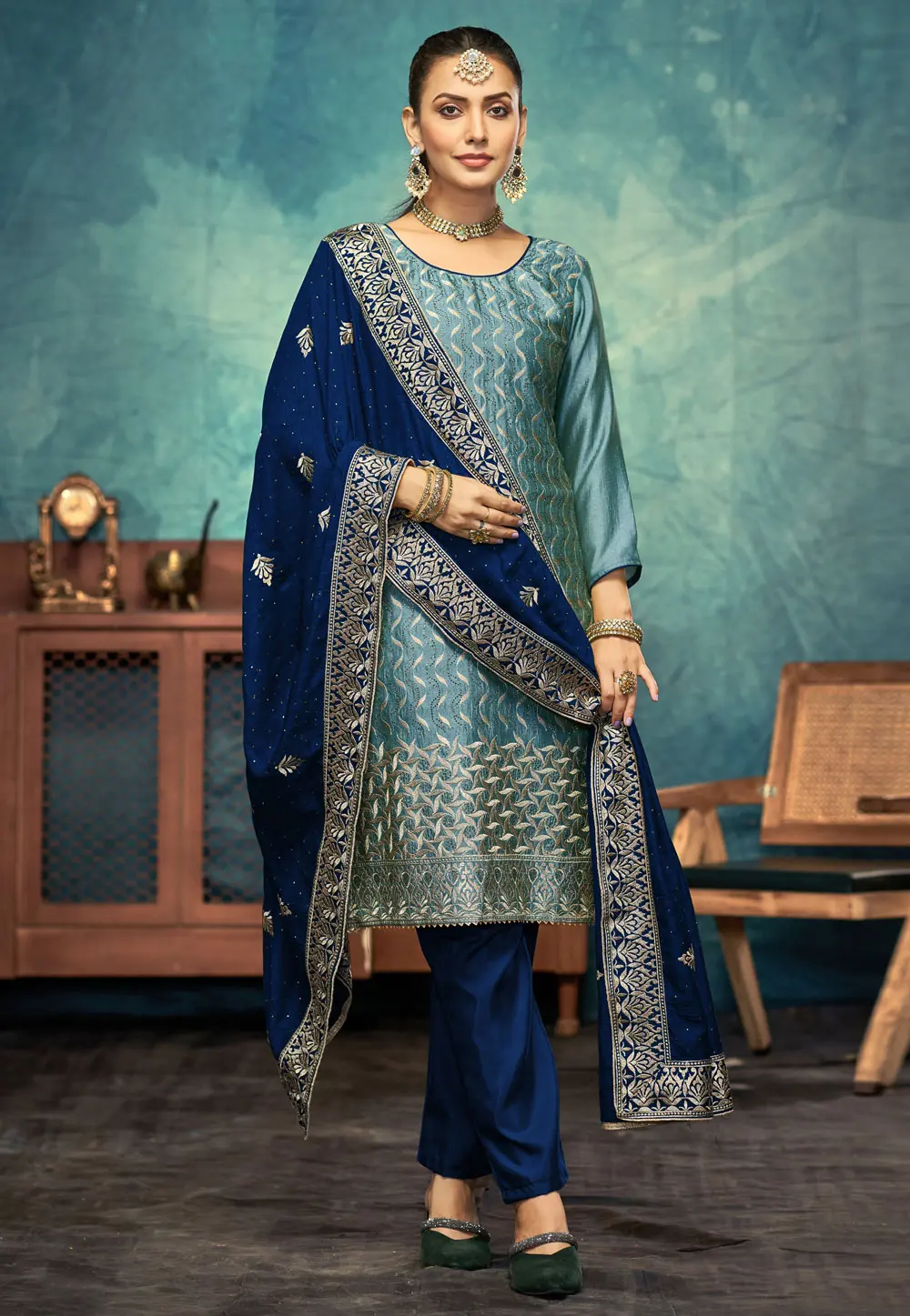 Sky Blue Silk Pant Style Suit 300856