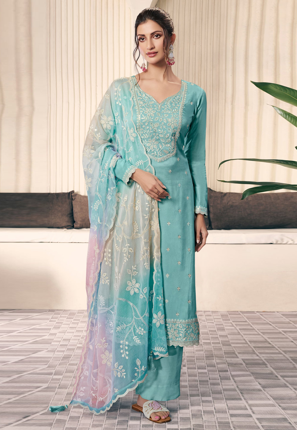 Sky Blue Silk Pant Style Suit 309722