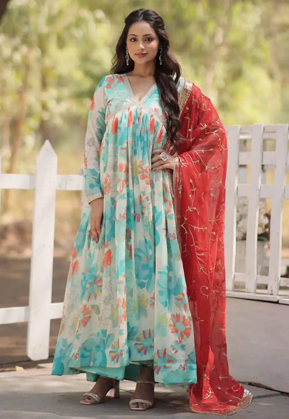 Sky Blue Silk Readymade Anarkali Suit 289196