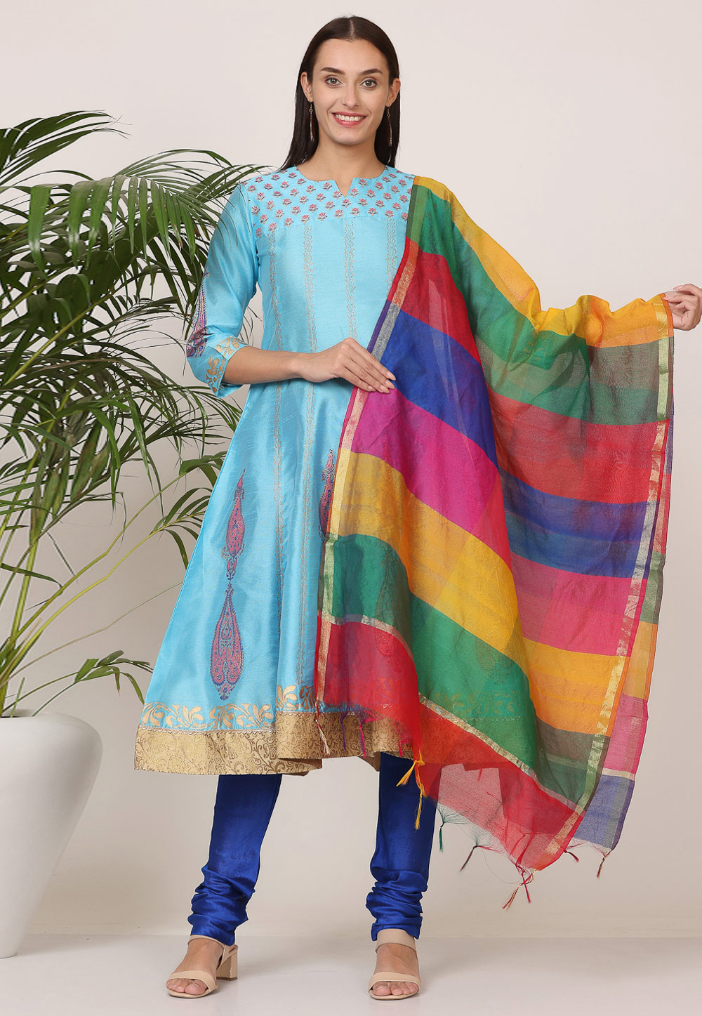 Sky Blue Silk Readymade Churidar Suit 305512