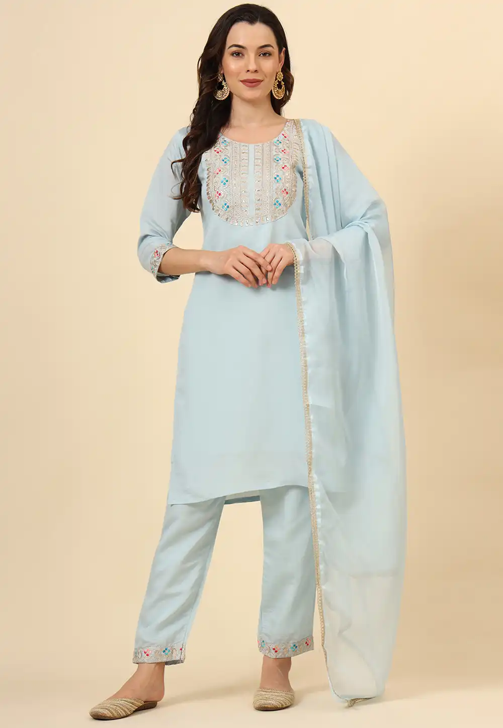 Sky Blue Silk Readymade Pakistani Suit 293448