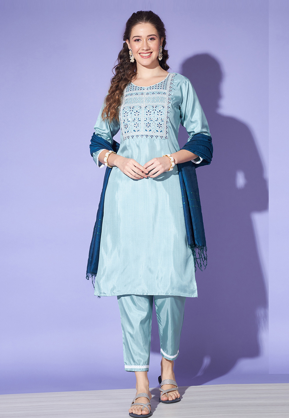 Sky Blue Silk Readymade Pakistani Suit 278416