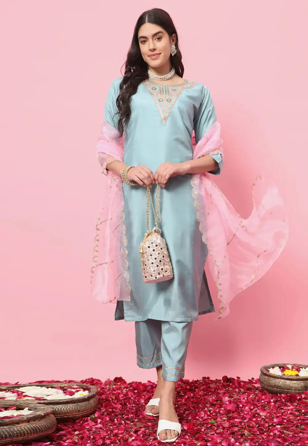 Sky Blue Silk Readymade Pakistani Suit 289366