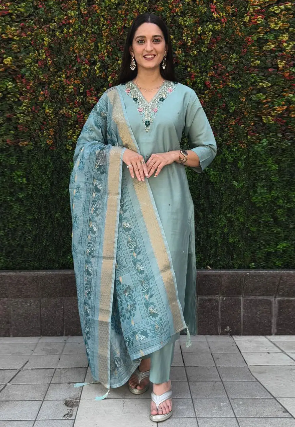 Sky Blue Silk Readymade Pakistani Suit 303694