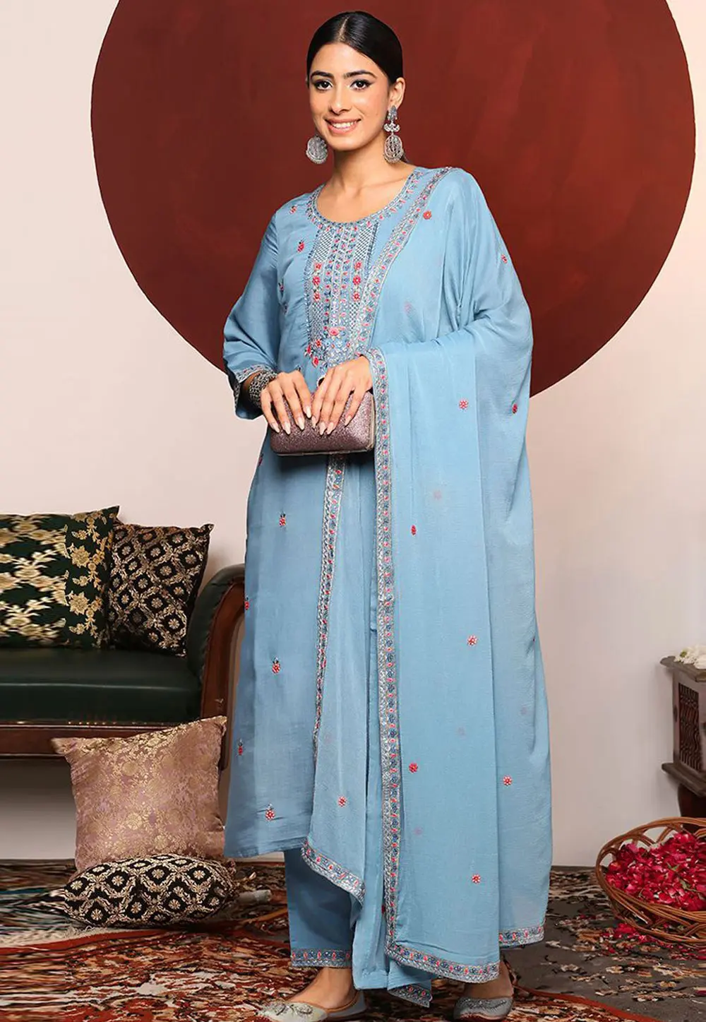 Sky Blue Silk Readymade Pakistani Suit 302869