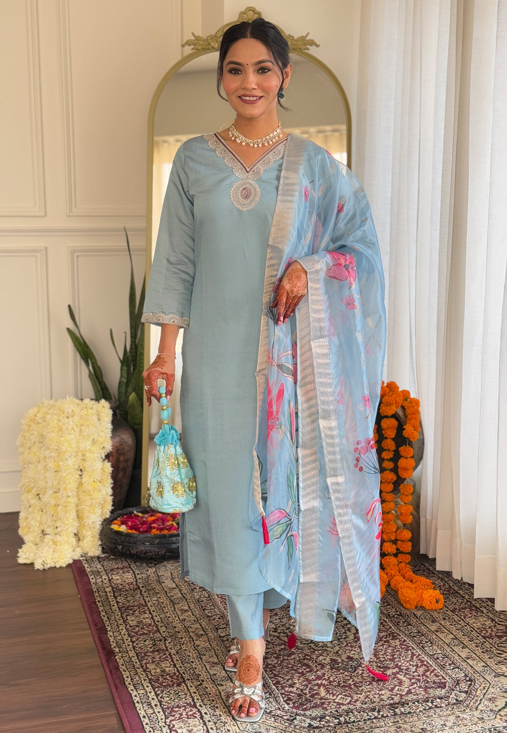 Sky Blue Silk Readymade Pakistani Suit 305018