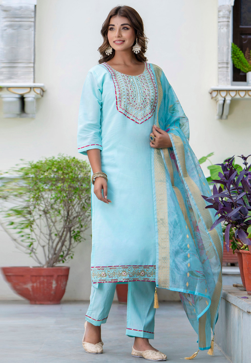 Sky Blue Silk Readymade Pakistani Suit 309691