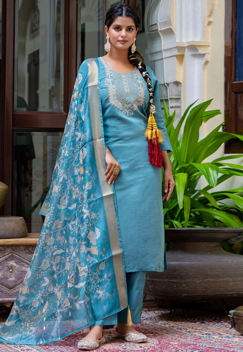 Sky Blue Silk Readymade Pakistani Suit 309693