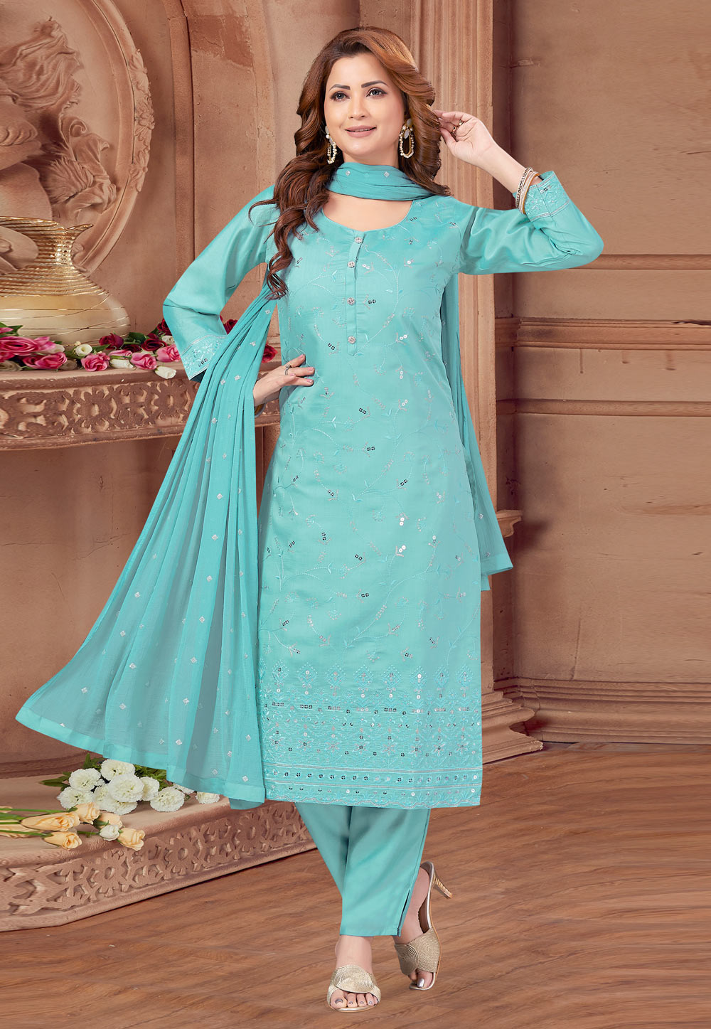 Sky Blue Silk Readymade Pakistani Suit 281498