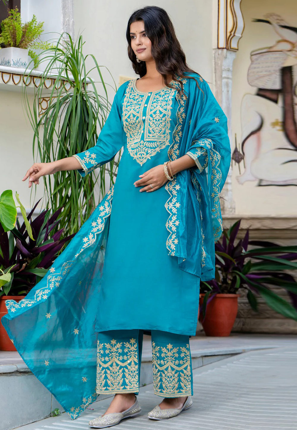 Sky Blue Silk Readymade Palazzo Suit 305699