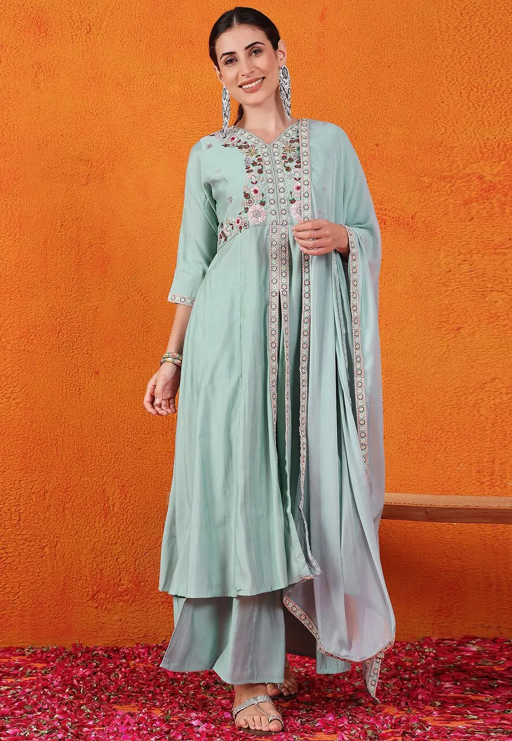 Sky Blue Silk Readymade Palazzo Suit 298934