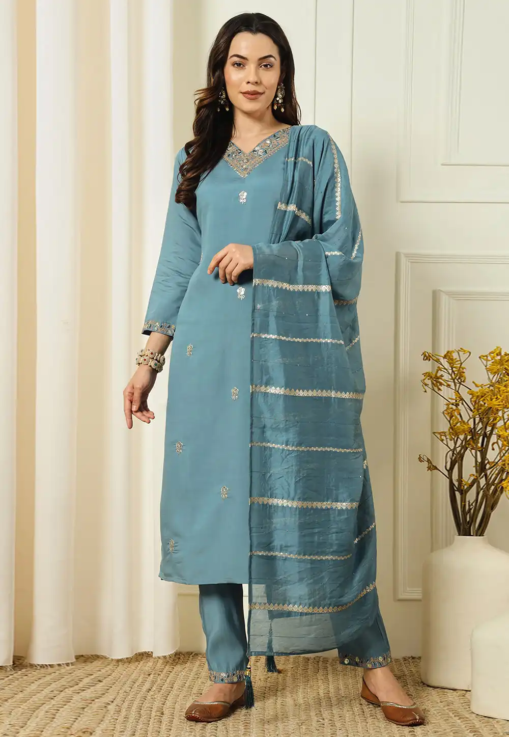 Sky Blue Silk Readymade Pant Style Suit 290552