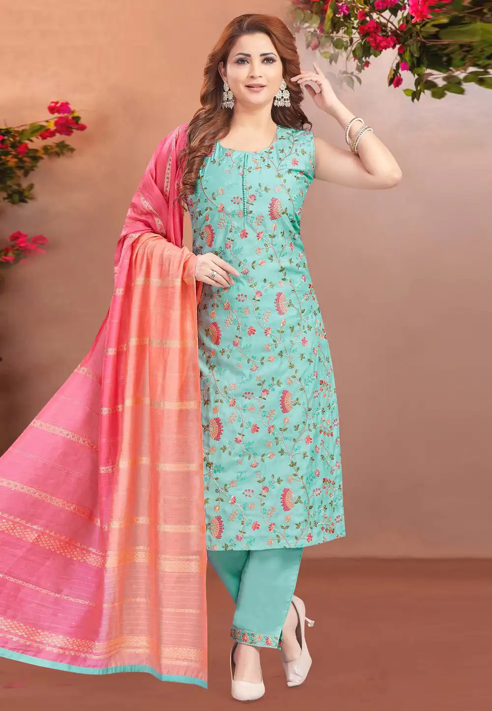 Sky Blue Silk Readymade Pant Style Suit 294072