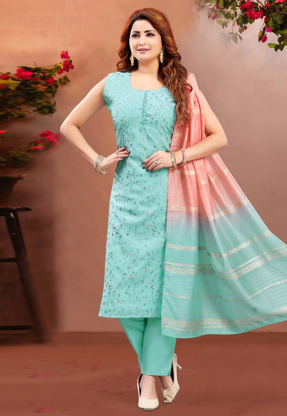 Sky Blue Silk Readymade Pant Style Suit 294086