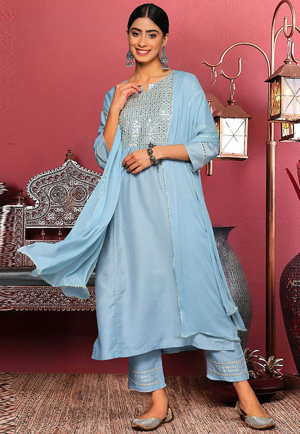 Sky Blue Silk Readymade Pant Style Suit 305433